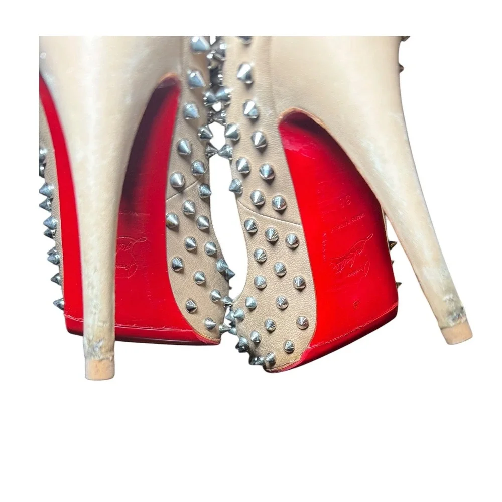 Christian Louboutin Alti Spikes 160 Nude Leather Peep Toe Platform Pumps 38